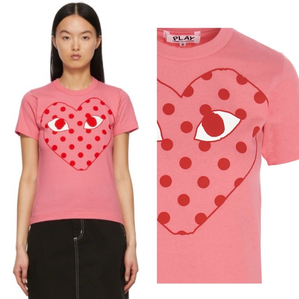 Comme des Garcons PLAY Pink Red Polka Dot Heart Graphic Tee Shirt XXL